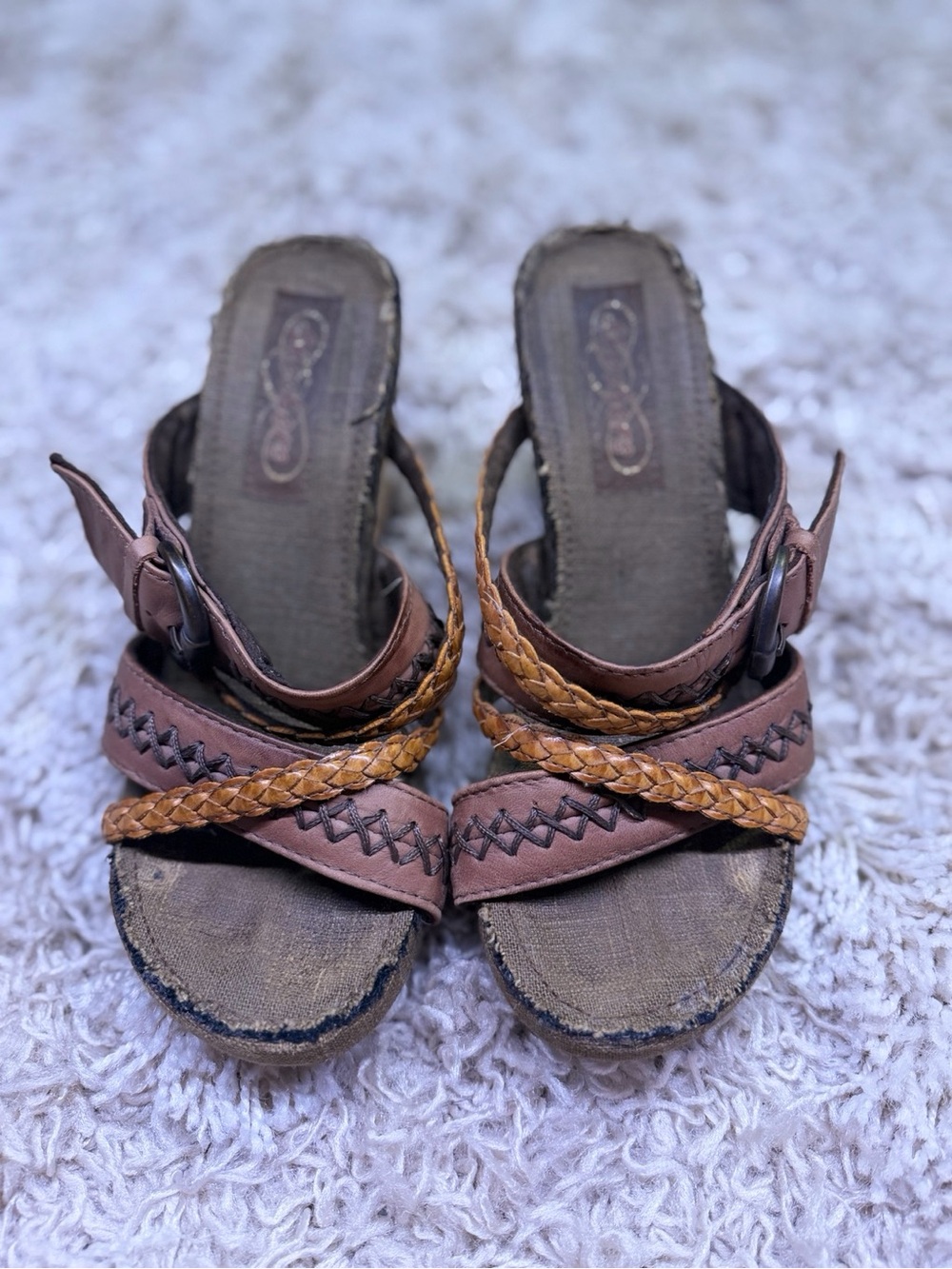 Skechers Modiste Electric Bond Brown Leather Cork Wedge Sandals Size 5